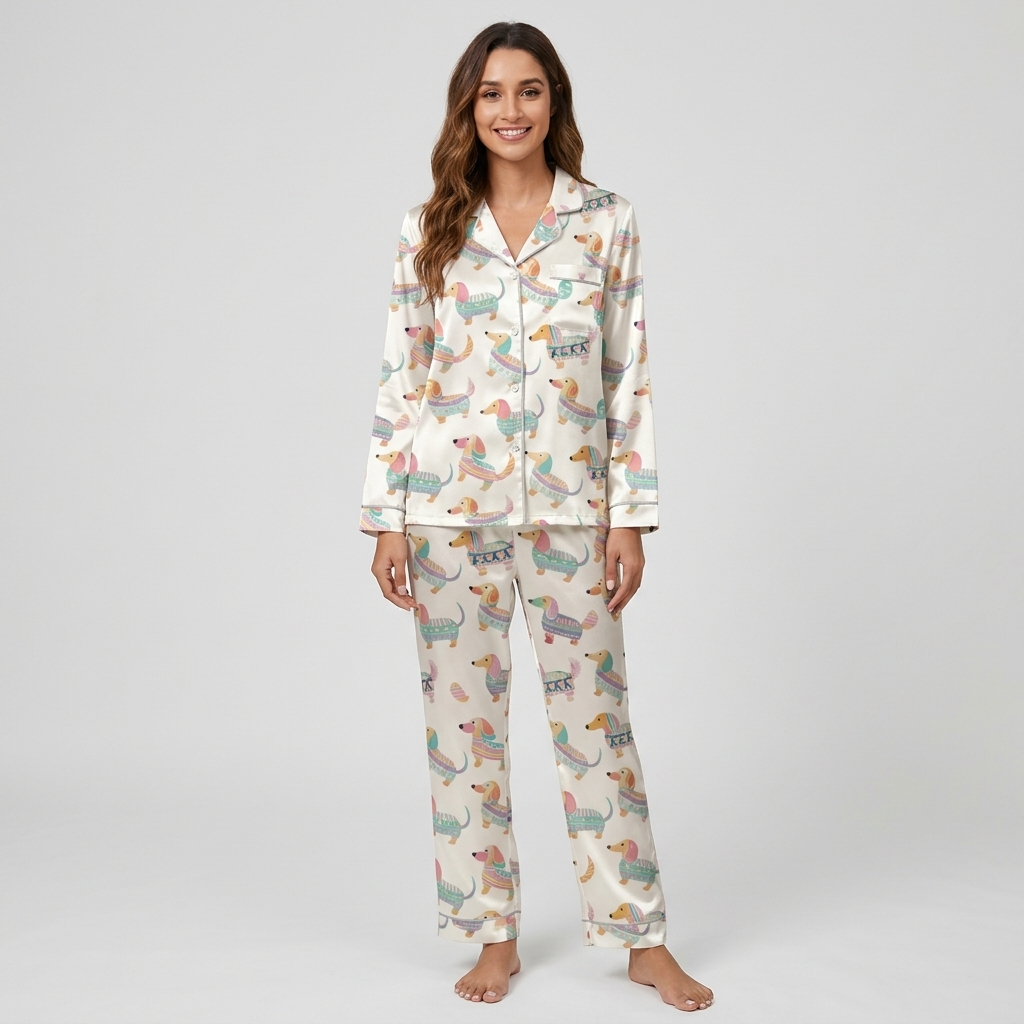 Women's satin pajama set with watercolor dachshunds in knit sweaters in mint, teal and blush on white - long sleeve and pants