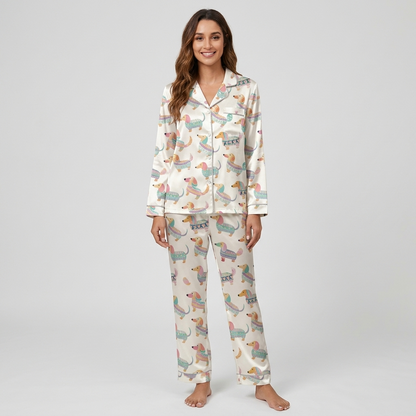 Women's satin pajama set with watercolor dachshunds in knit sweaters in mint, teal and blush on white - long sleeve and pants