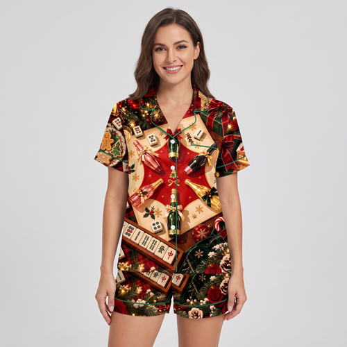 Mahjong & Champagne Women's Pajama Set - short sleeve and shorts