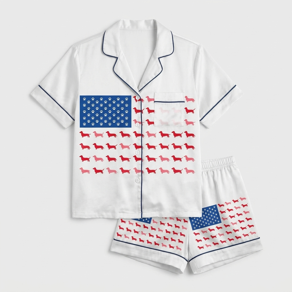 Women's satin pajama set with an American flag built from red dachshunds and a navy star field on white - flat lay