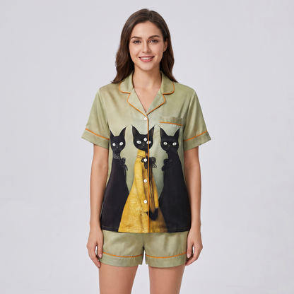 Gilded Black Cats Women's Pajama Set - short sleeve and shorts