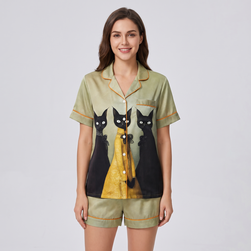 Gilded Black Cats Women's Pajama Set - short sleeve and shorts