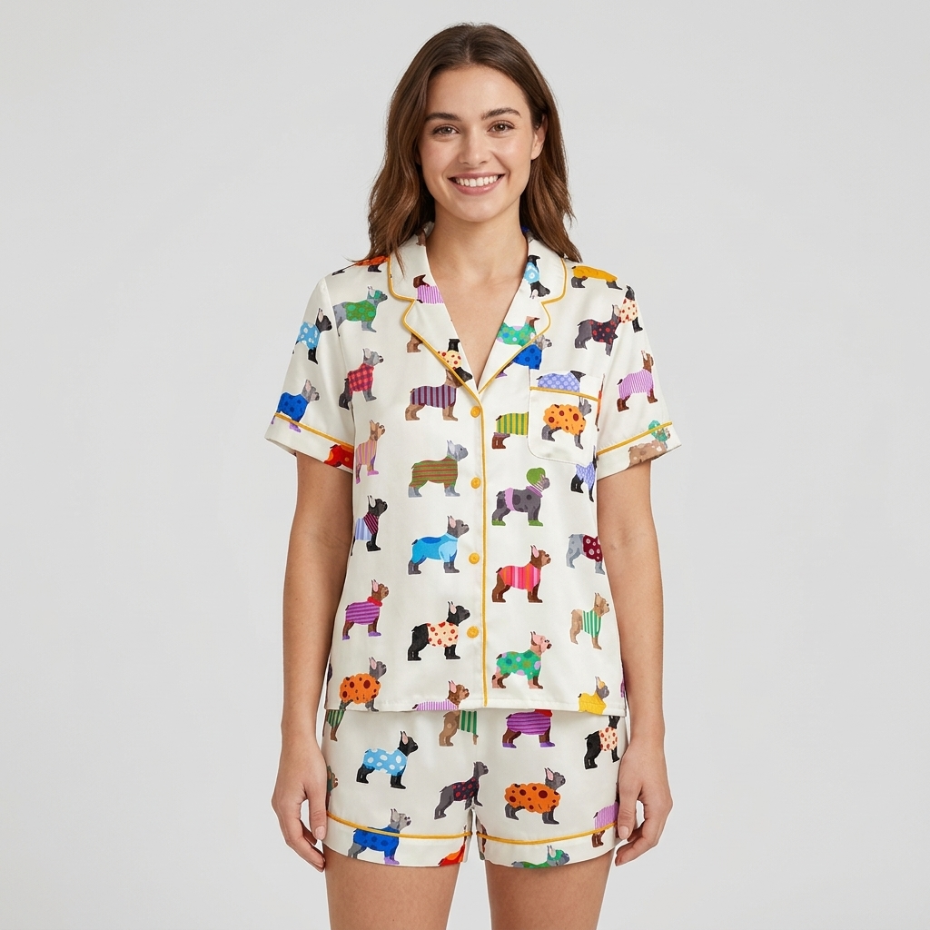 Women's satin pajama set with French bulldogs in striped, polka dot and plaid sweaters on white - short sleeve and shorts