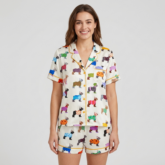 Women's satin pajama set with French bulldogs in striped, polka dot and plaid sweaters on white - short sleeve and shorts