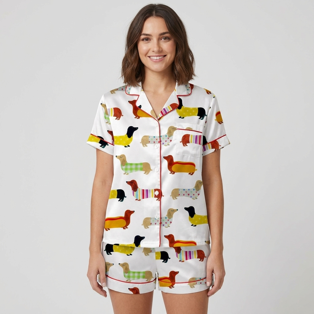 Women's satin pajama set with dachshunds in gingham and striped sweaters, one dressed as a hot dog, on white - short sleeve and shorts