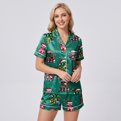 Pixel Creeper Christmas Inspired Women's Pajama Set - short sleeve and shorts