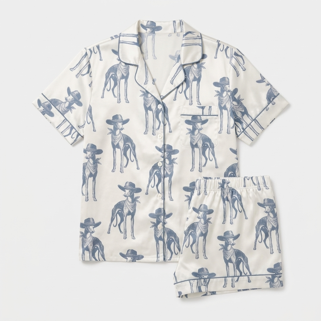 Women's satin pajama set with slate blue whippets in tiny cowboy hats on white with blue piping - flat lay