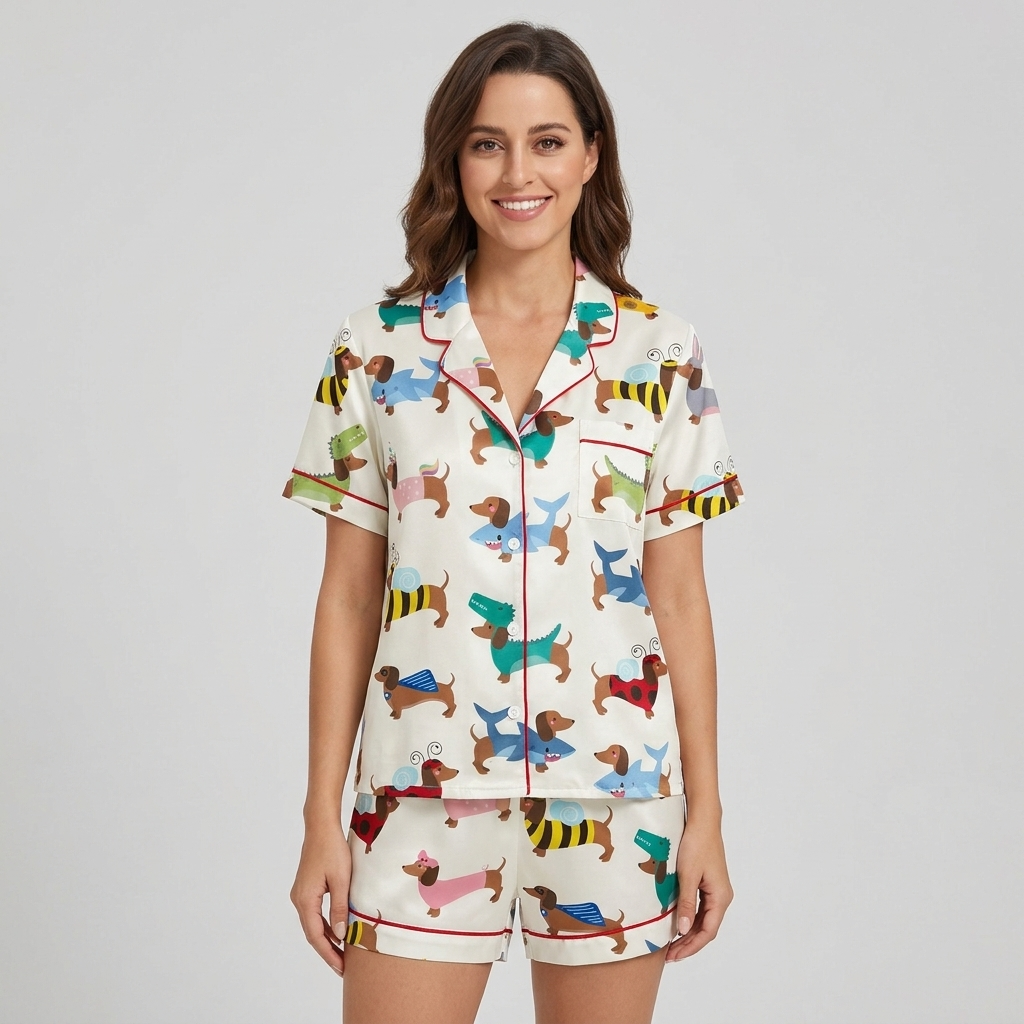Women's satin pajama set with dachshunds in shark, bumblebee, ladybug and bunny costumes on white - short sleeve and shorts