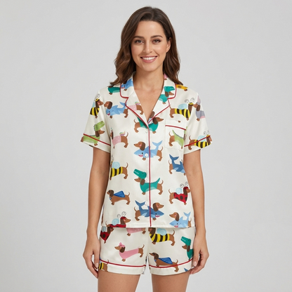 Women's satin pajama set with dachshunds in shark, bumblebee, ladybug and bunny costumes on white - short sleeve and shorts