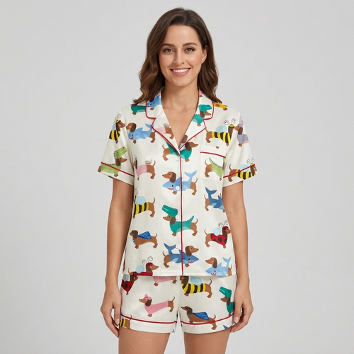 Women's satin pajama set with dachshunds in shark, bumblebee, ladybug and bunny costumes on white - short sleeve and shorts