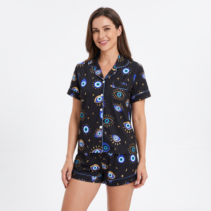 Lucky Evil Eye Women's Pajama Set - Black - short sleeve and shorts