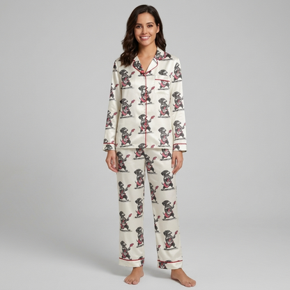 Women's satin pajama set with gray dachshunds playing red electric guitars on white with red piping - long sleeve and pants