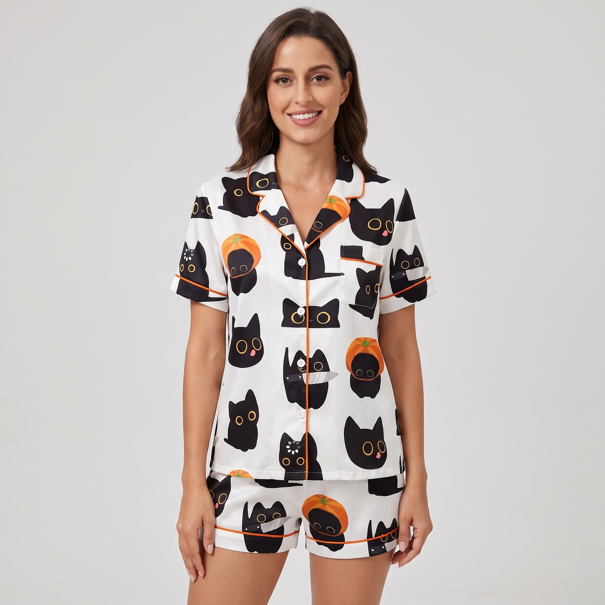 Pumpkin Black Cats Women's Pajama Set - short sleeve and shorts