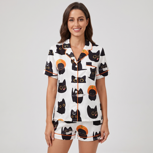 Pumpkin Black Cats Women's Pajama Set - short sleeve and shorts