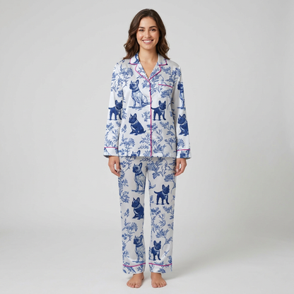 Women's satin pajama set with French bulldogs among blue botanical sprigs in toile on white with hot pink piping - long sleeve and pants