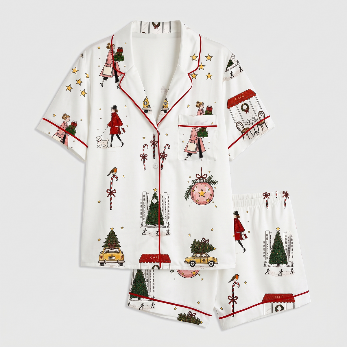 Christmas Shopping In The City Women's Pajama Set - flat lay