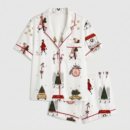Christmas Shopping In The City Women's Pajama Set - flat lay