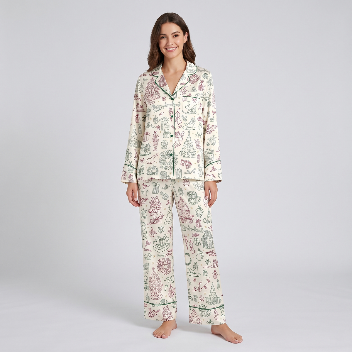 Sage Christmas Doodles Women's Pajama Set - long sleeve and pants