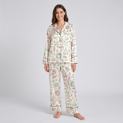 Sage Christmas Doodles Women's Pajama Set - long sleeve and pants