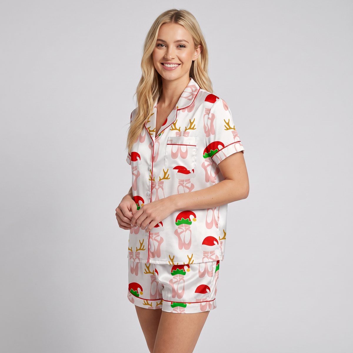 Ballet Slippers & Elf Hats Women's Pajama Set - short sleeve and shorts