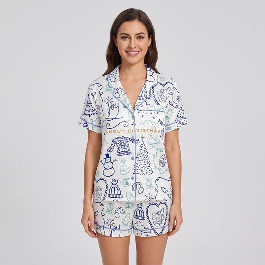 Snowy Blue Doodles Women's Pajama Set - short sleeve and shorts