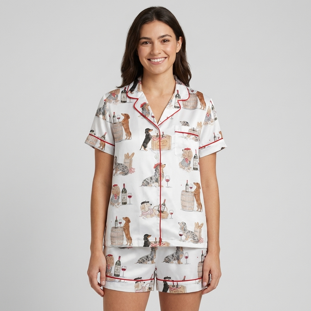 Women's satin pajama set with dachshunds on wine barrels beside bottles and cork-topped crates on white - short sleeve and shorts