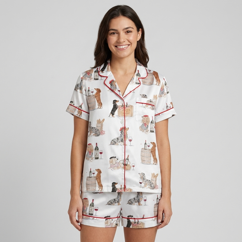Women's satin pajama set with dachshunds on wine barrels beside bottles and cork-topped crates on white - short sleeve and shorts