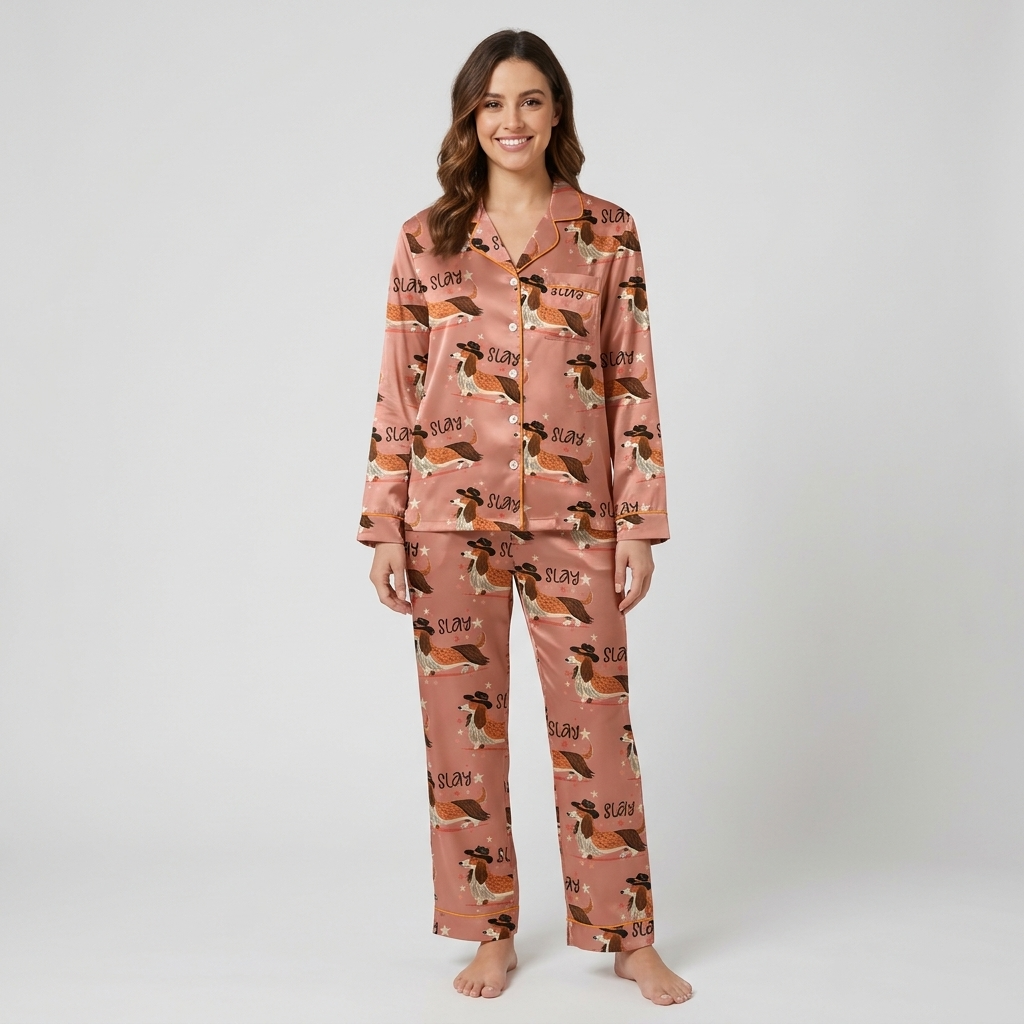 Women's satin pajama set with long-eared hound dogs in black cowboy hats with stars on salmon pink - long sleeve and pants