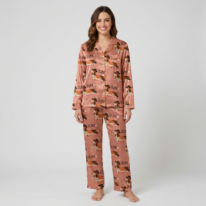 Women's satin pajama set with long-eared hound dogs in black cowboy hats with stars on salmon pink - long sleeve and pants