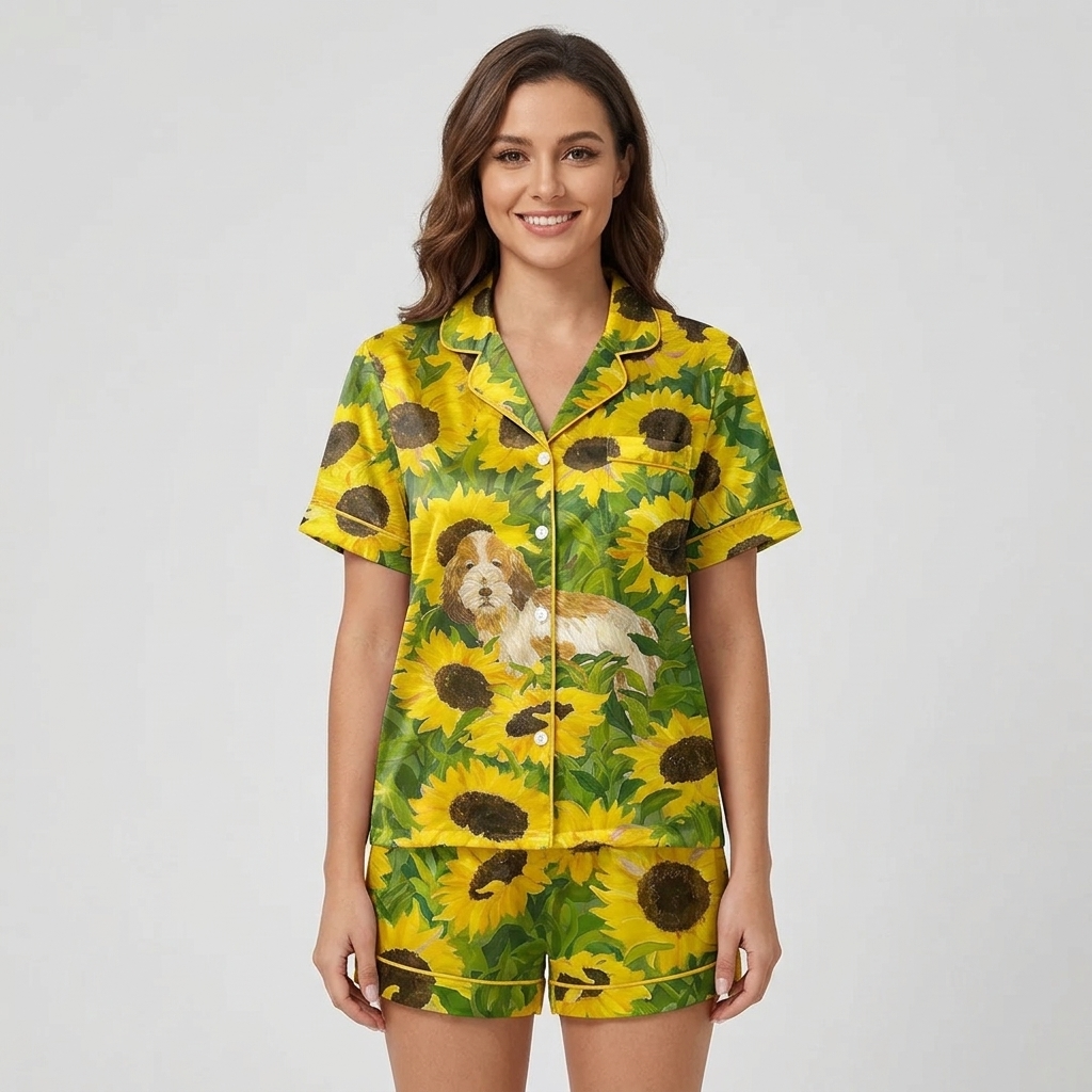 Women's satin pajama set with a fluffy golden-and-white dog in a field of sunflowers - short sleeve and shorts