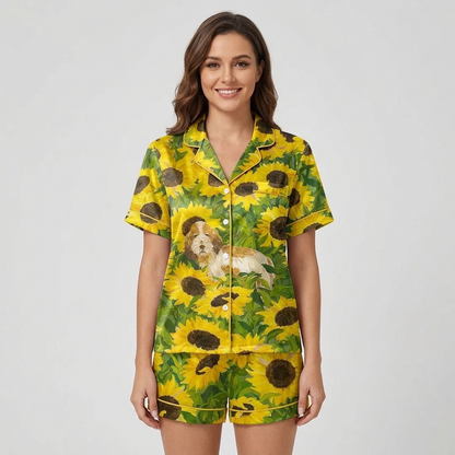 Women's satin pajama set with a fluffy golden-and-white dog in a field of sunflowers - short sleeve and shorts