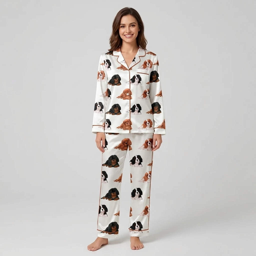 Women's satin pajama set with lounging Cavalier King Charles spaniels on white with red piping - long sleeve and pants
