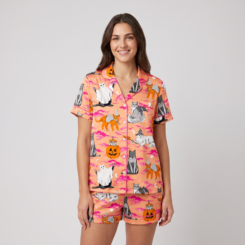 Ghost Pumpkin Cats Women's Pajama Set - short sleeve and shorts
