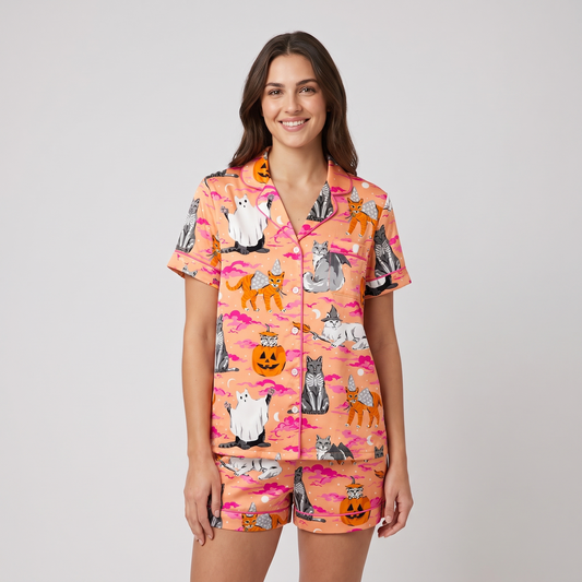 Ghost Pumpkin Cats Women's Pajama Set - short sleeve and shorts