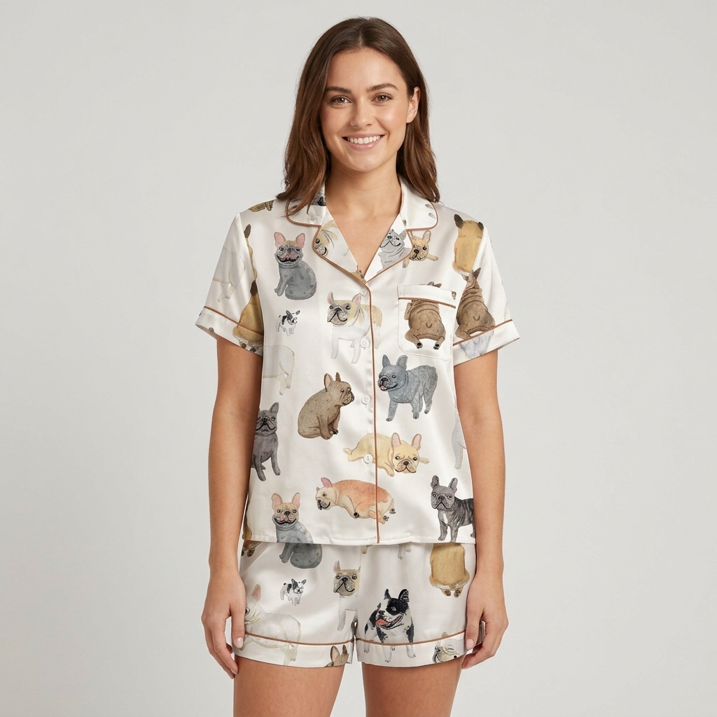 Women's satin pajama set with painted gray, fawn, white and black French bulldogs on white with copper piping - short sleeve and shorts
