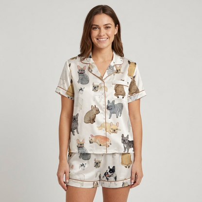 Women's satin pajama set with painted gray, fawn, white and black French bulldogs on white with copper piping - short sleeve and shorts