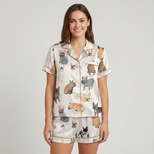 Women's satin pajama set with painted gray, fawn, white and black French bulldogs on white with copper piping - short sleeve and shorts