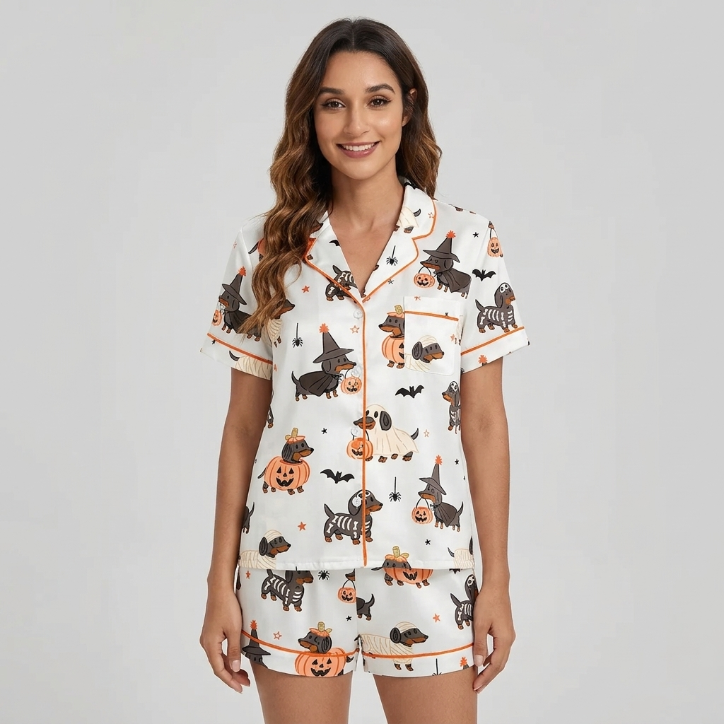 Women's satin pajama set with dachshunds in pumpkins and skeleton, mummy and witch costumes with bats on white - short sleeve and shorts