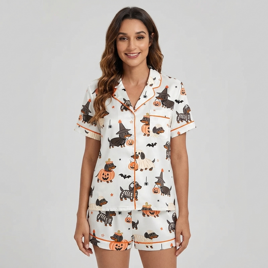 Women's satin pajama set with dachshunds in pumpkins and skeleton, mummy and witch costumes with bats on white - short sleeve and shorts