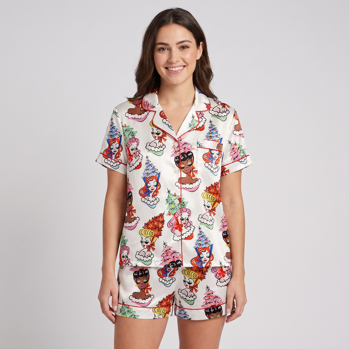 Pin-Up Christmas Trees Women's Pajama Set - short sleeve and shorts