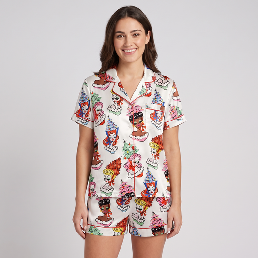 Pin-Up Christmas Trees Women's Pajama Set - short sleeve and shorts