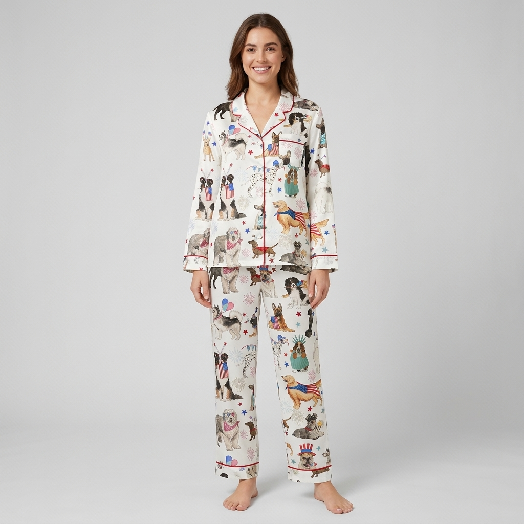 Women's satin pajama set with dogs in flag bandanas and crowns among stars and fireworks on white - long sleeve and pants