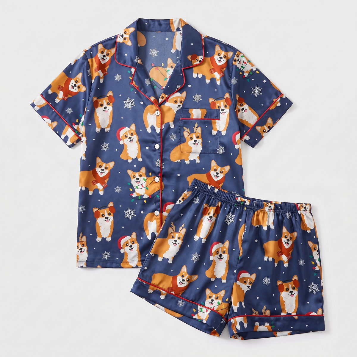 Navy Corgi Christmas Women's Pajama Set - flat lay