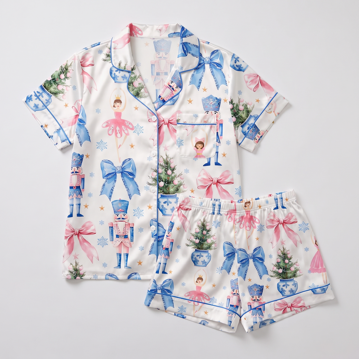 Blue Bow Nutcracker Women's Pajama Set - flat lay