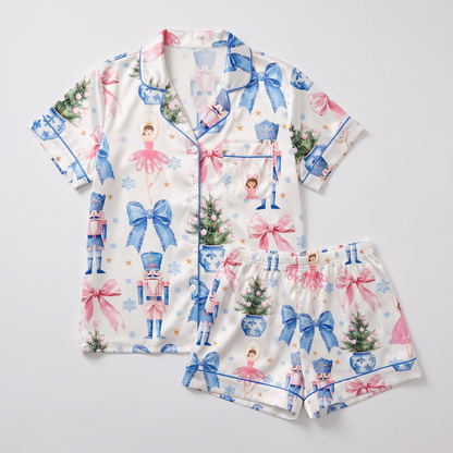 Blue Bow Nutcracker Women's Pajama Set - flat lay