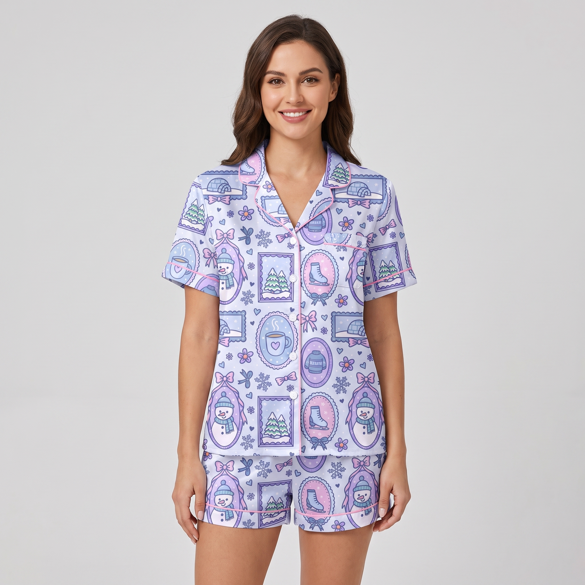 Pastel Snowmen & Skates Women's Pajama Set - short sleeve and shorts