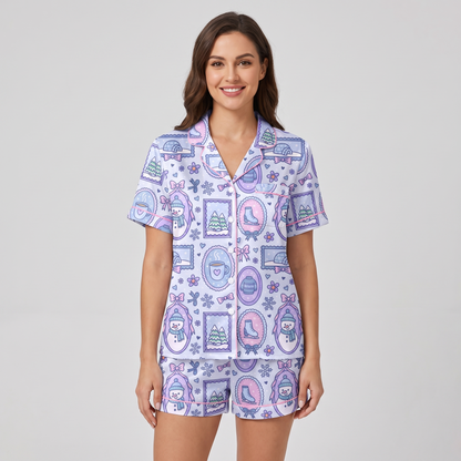 Pastel Snowmen & Skates Women's Pajama Set - short sleeve and shorts