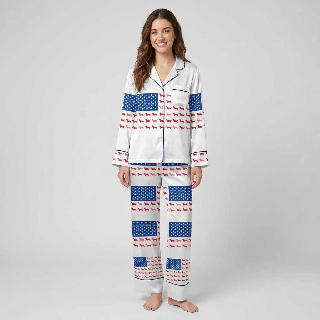 Women's satin pajama set with an American flag built from red dachshunds and a navy star field on white - long sleeve and pants