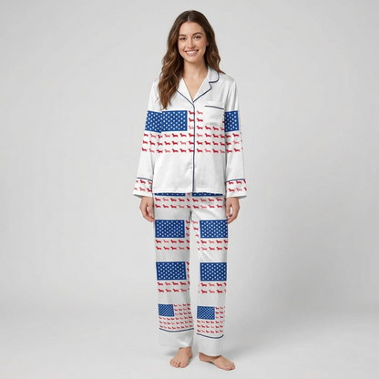 Women's satin pajama set with an American flag built from red dachshunds and a navy star field on white - long sleeve and pants