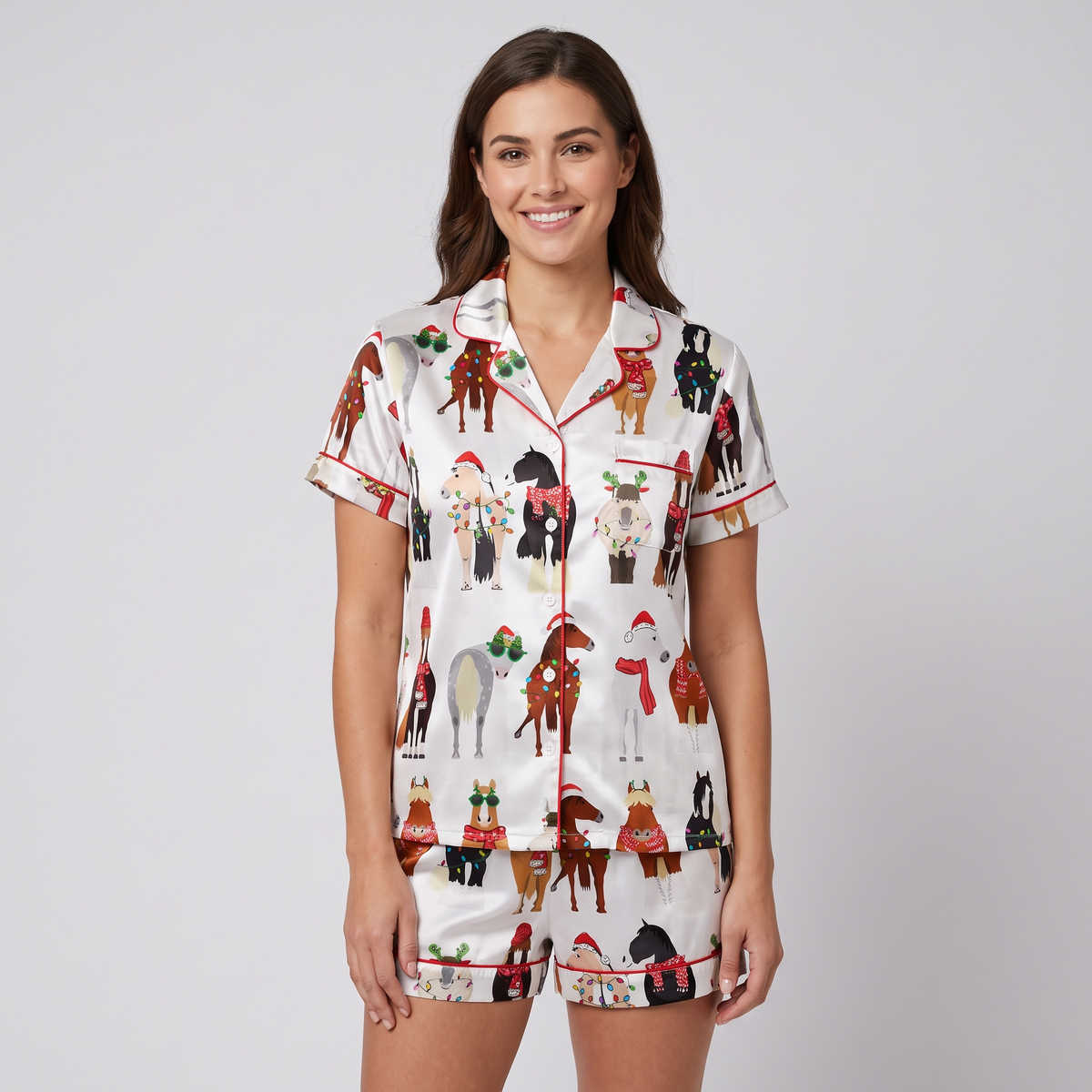 Horsin' Around Christmas Women's Pajama Set - short sleeve and shorts